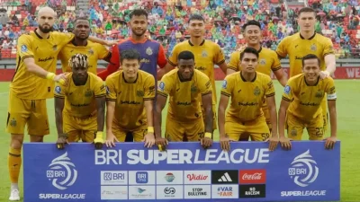 Pemain Bhayangkara Presisi Lampung FC saat persiapan pertandingan melawan PSBS Biak