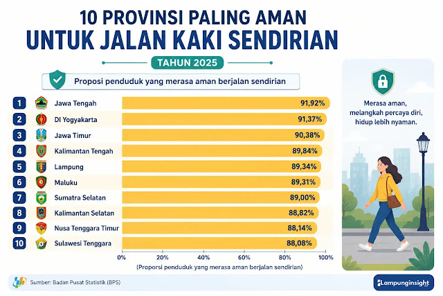 Lampung Masuk 5 Besar Provinsi Paling Aman untuk Jalan Kaki Sendirian di Indonesia
