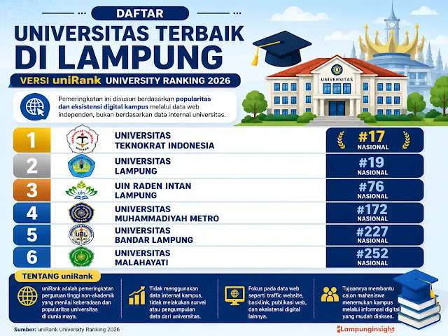 Daftar Universitas Terbaik di Lampung Versi uniRank 2026, Teknokrat dan Unila Masuk 20 Besar Nasional